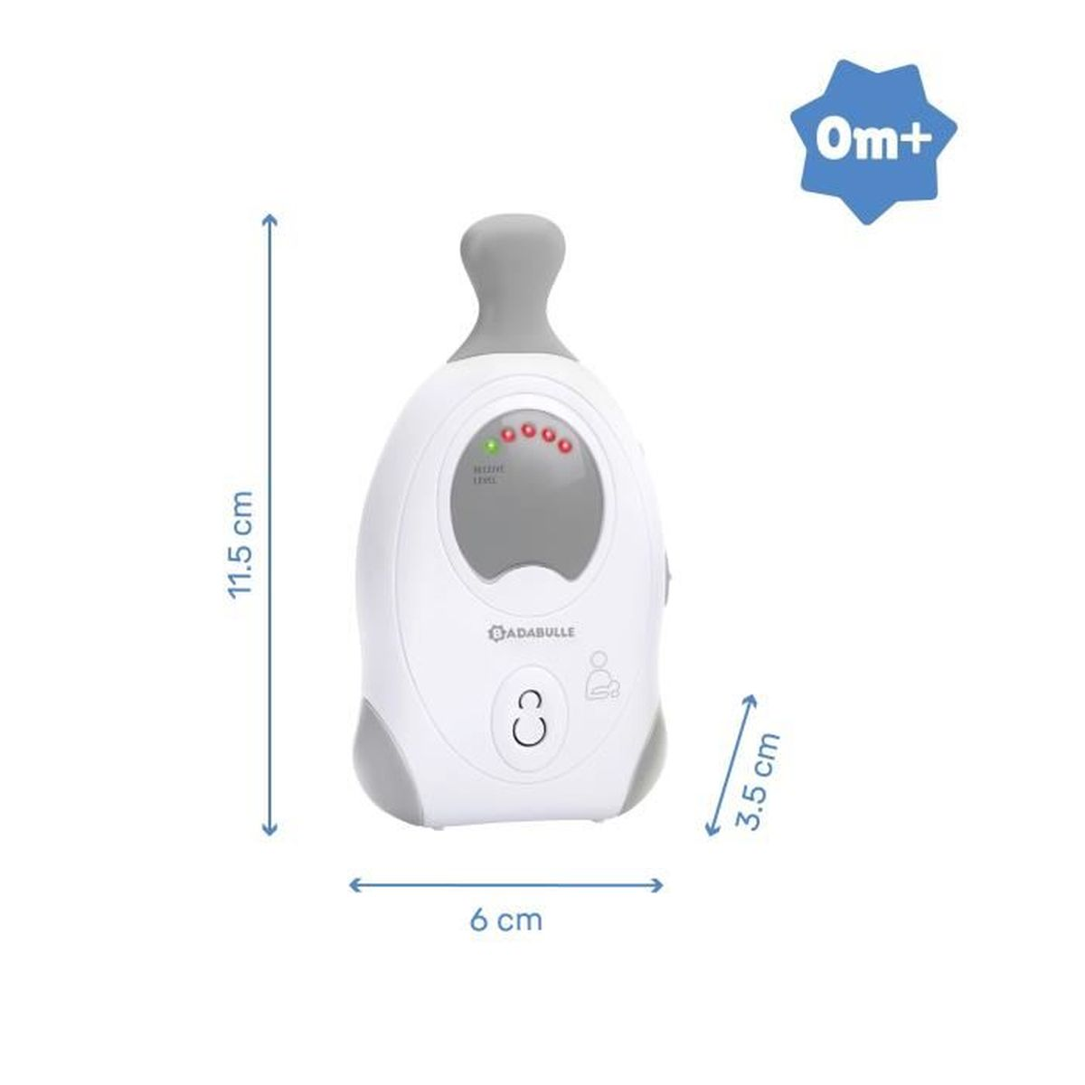 Un baby monitor bianco e grigio con dimensioni marcate e il simbolo Om+.