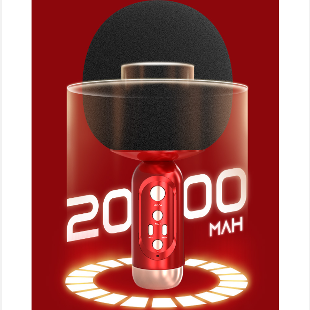 Rotes Mikrofon mit schwarzem Schaumstoffbezug, mit 20000 mAh Text auf rotem Hintergrund.