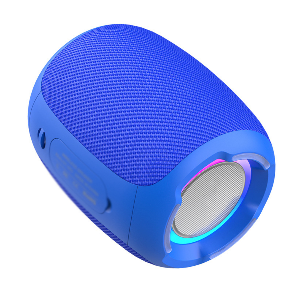 Blau-schwarzer Lautsprecher. Mit Mesh-Front und Lichtring.