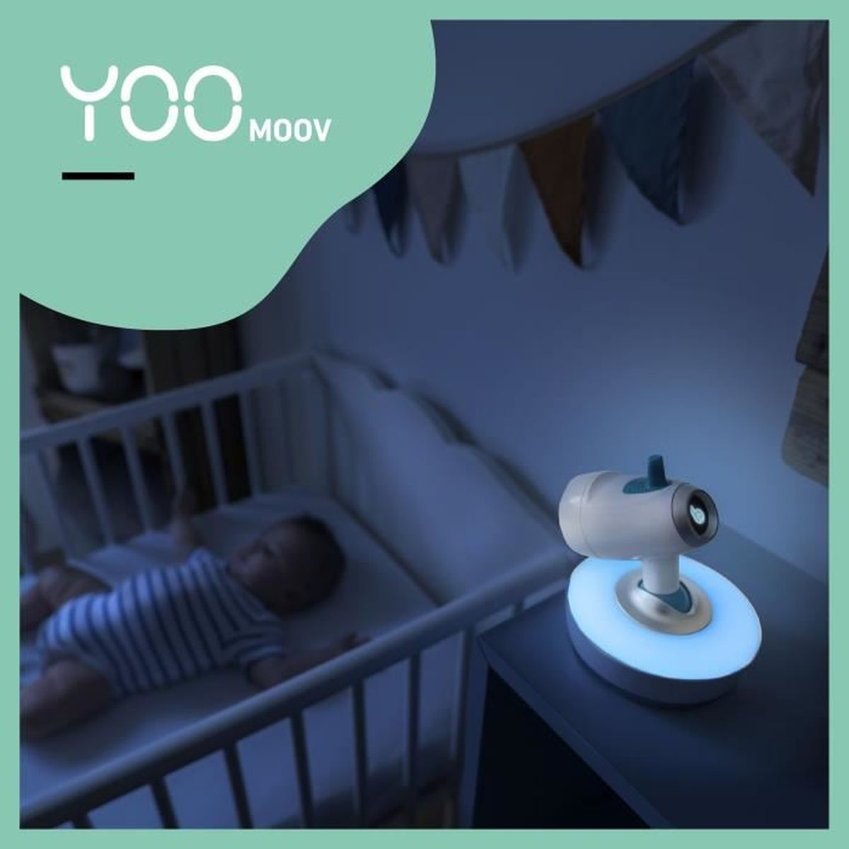 Babyphone mit Baby im Hintergrund im Kinderbett.