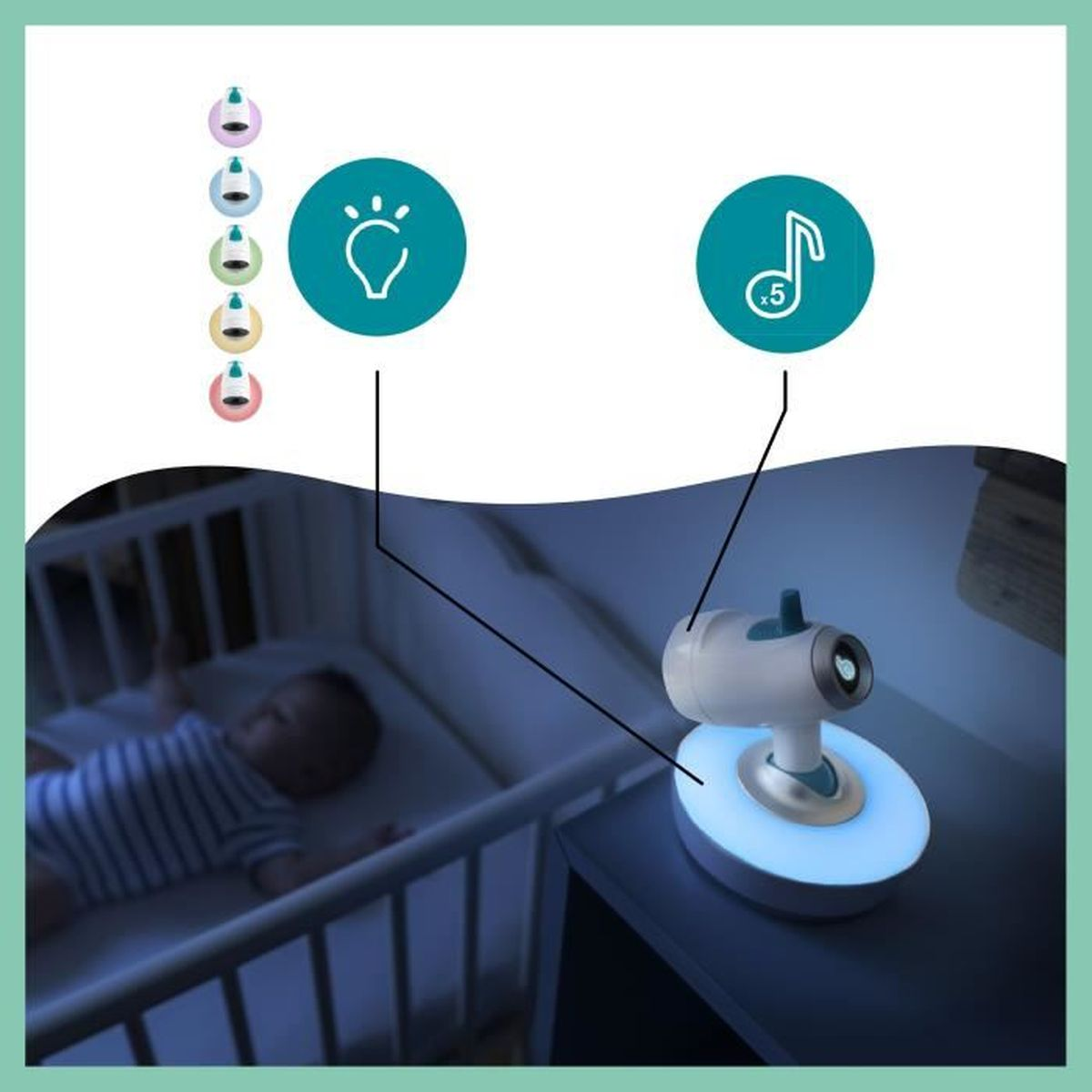 Babyfon mit Baby im Kinderbett. Symbole für Licht, Ton und eine Musiknote befinden sich auf der linken Seite.