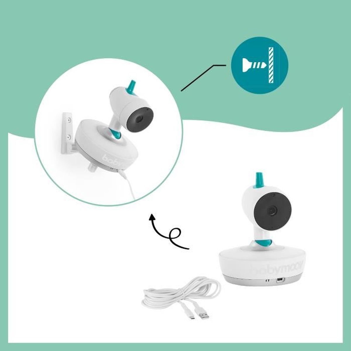 Babyphone mit zwei Ansichten, eine montiert. Inklusive Kabel.