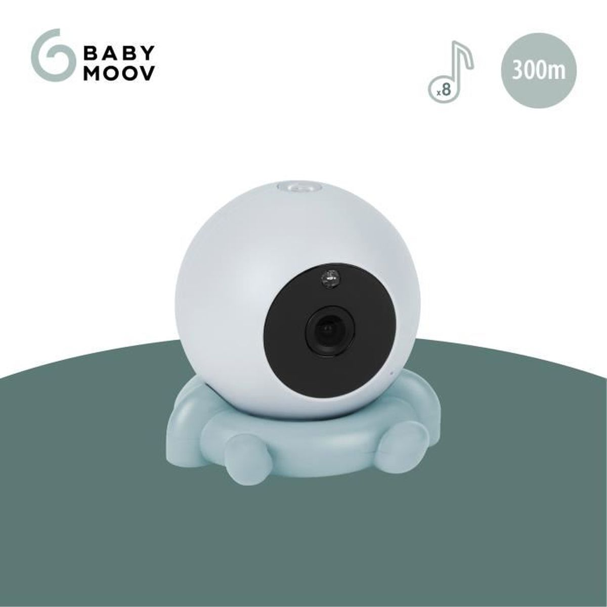 Babyphone mit einer runden, weißen Kamera auf blauem Sockel, mit einer Musiknote und einem 300m Reichweitenetikett.