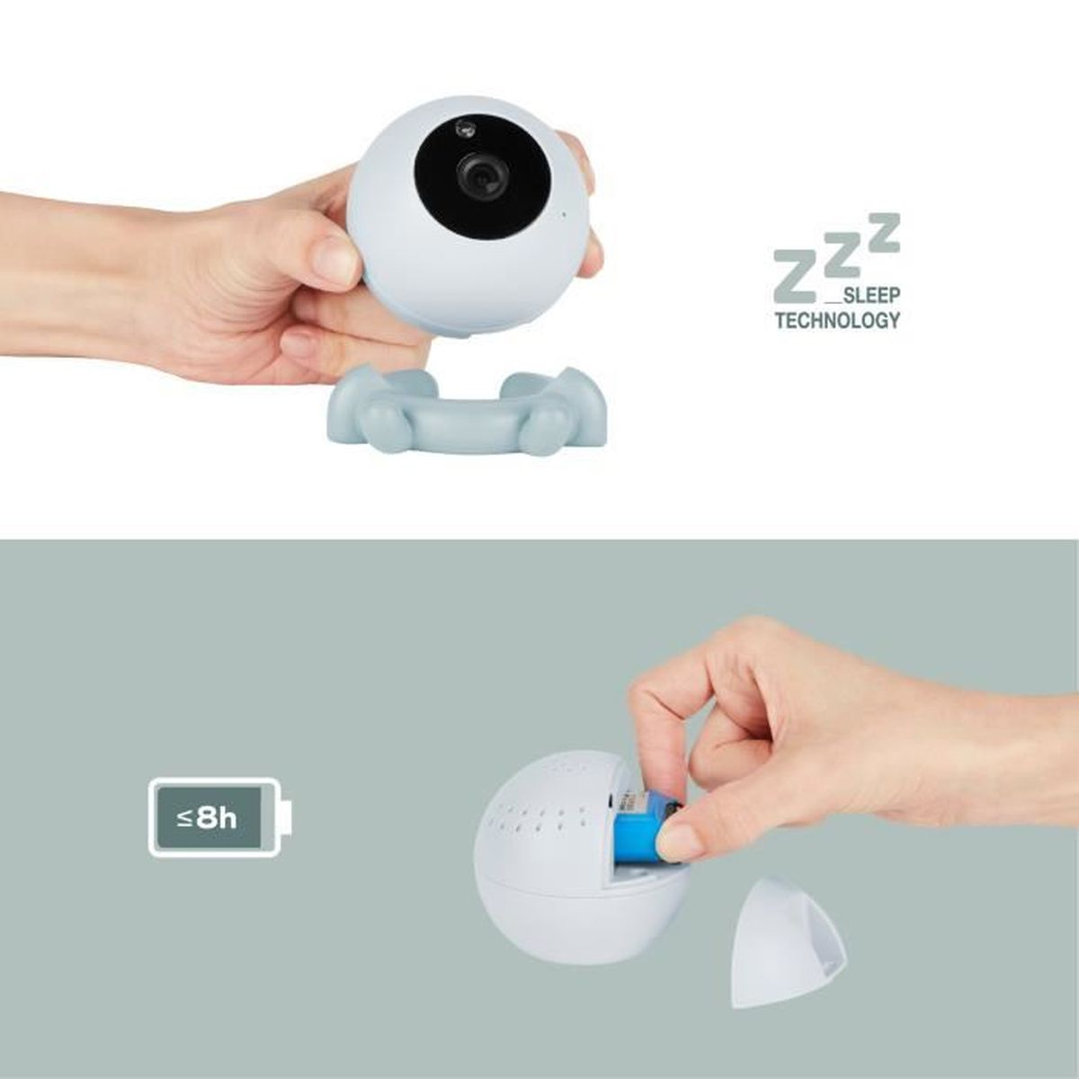 Babyphone mit Kamera. Hand legt Batterie ein. Text: Schlaftechnologie.