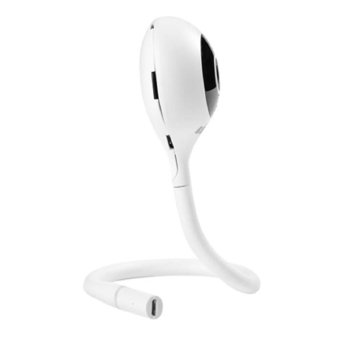Ein weißer Baby-Monitor mit flexiblem Hals auf weißem Hintergrund.