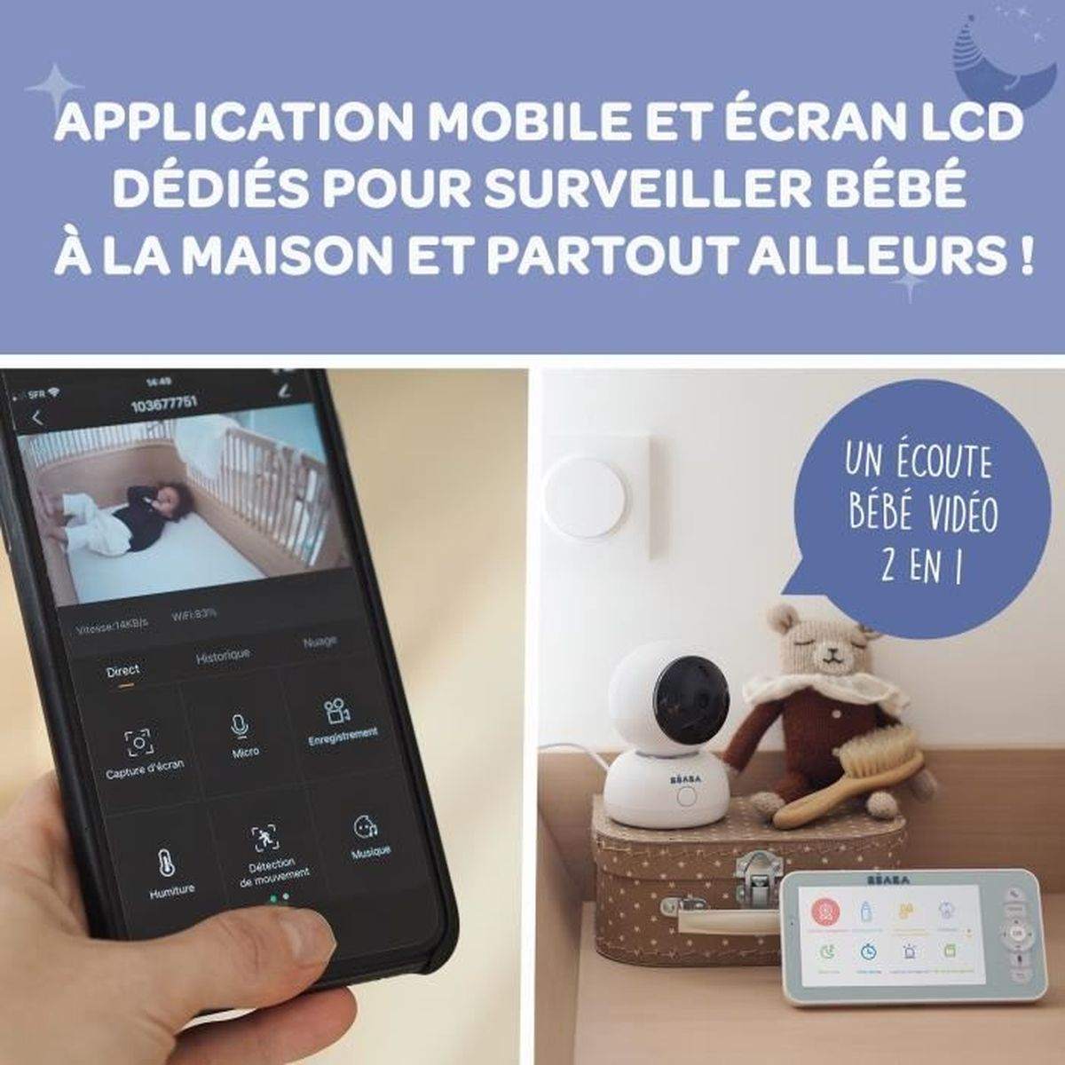 Un telefono con un'app per baby monitor e un baby monitor separato. Il testo indica il monitoraggio del bambino.