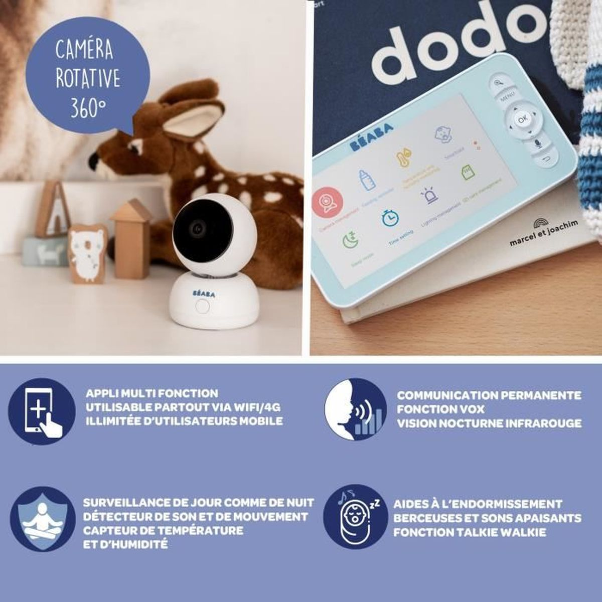 Set baby monitor. Telecamera, schermo con icone. Testo: app multifunzione.