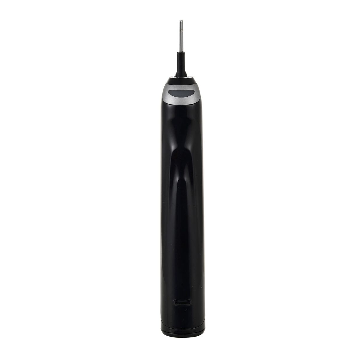 Cepillo de dientes eléctrico negro con fondo blanco, mostrando el cabezal y el cuerpo.