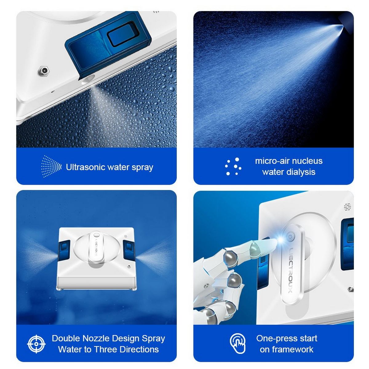 Vier Bilder, die einen Fensterputzer zeigen: Wasserspray, Mikro-Luft, Doppeldüse und One-Press-Start.