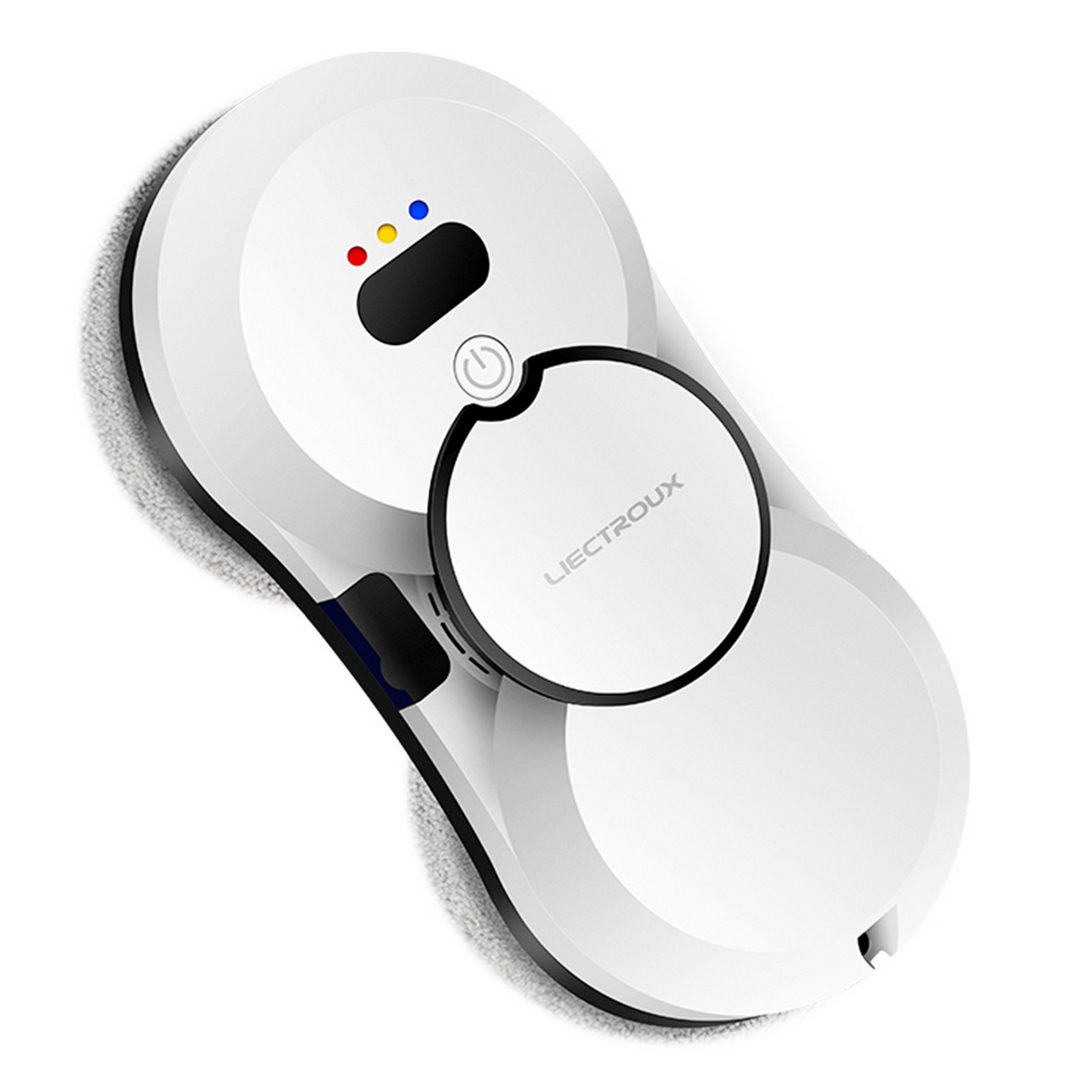 Biały okrągły odkurzacz robot z czarnym środkiem i przyciskami.