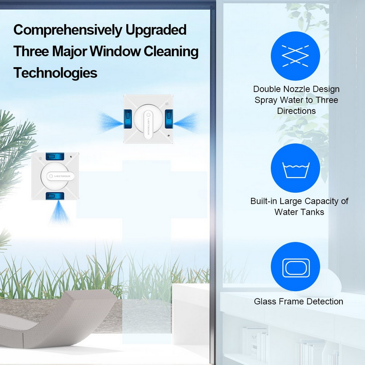 Fensterputzroboter, der Wasser sprüht, mit Diagrammen seiner Funktionen.