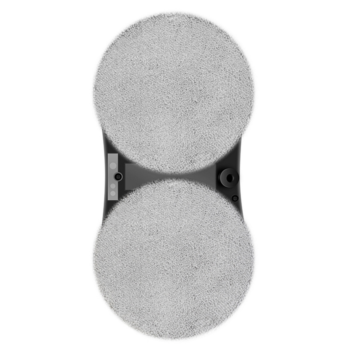 Zwei graue, kreisförmige Reinigungspads. Sie sind durch eine schwarze Brücke verbunden. Isoliert auf Weiß.