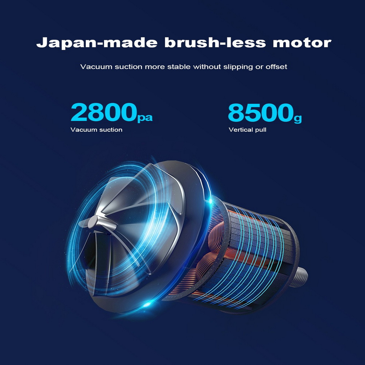 Detailliertes Bild eines in Japan hergestellten bürstenlosen Motors mit Kennzeichnungen für Vakuumabsaugung und vertikalen Zug.