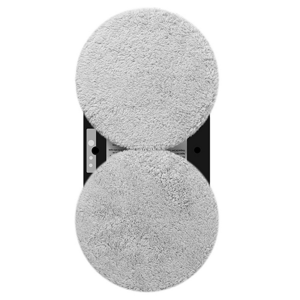 Dwie okrągłe szare nakładki czyszczące na czarnej podstawie.