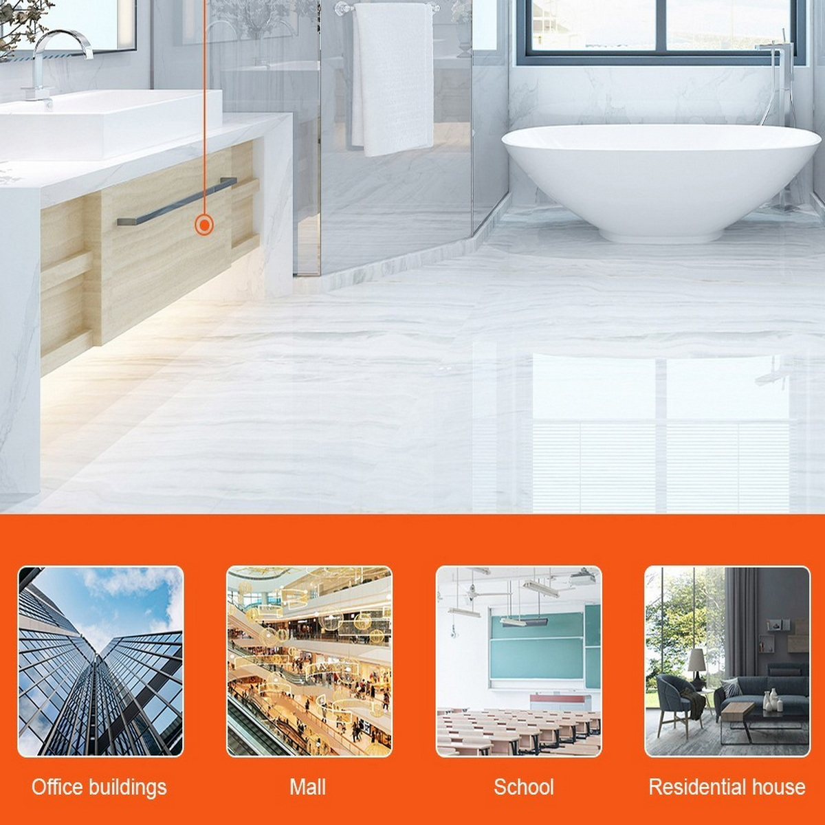 Zdjęcia z etykietami tekstowymi dla budynków biurowych, centrum handlowego, szkoły i domu mieszkalnego.