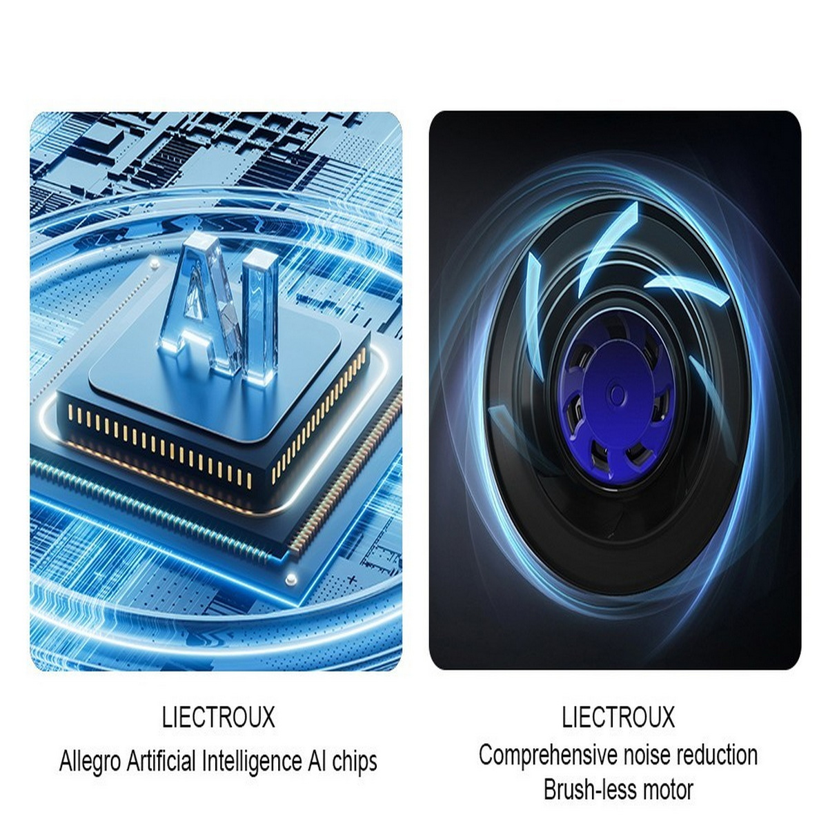 Zwei digitale Bilder, die KI-Chips und einen Motor zur Geräuschreduzierung veranschaulichen. Mit Markennamen.
