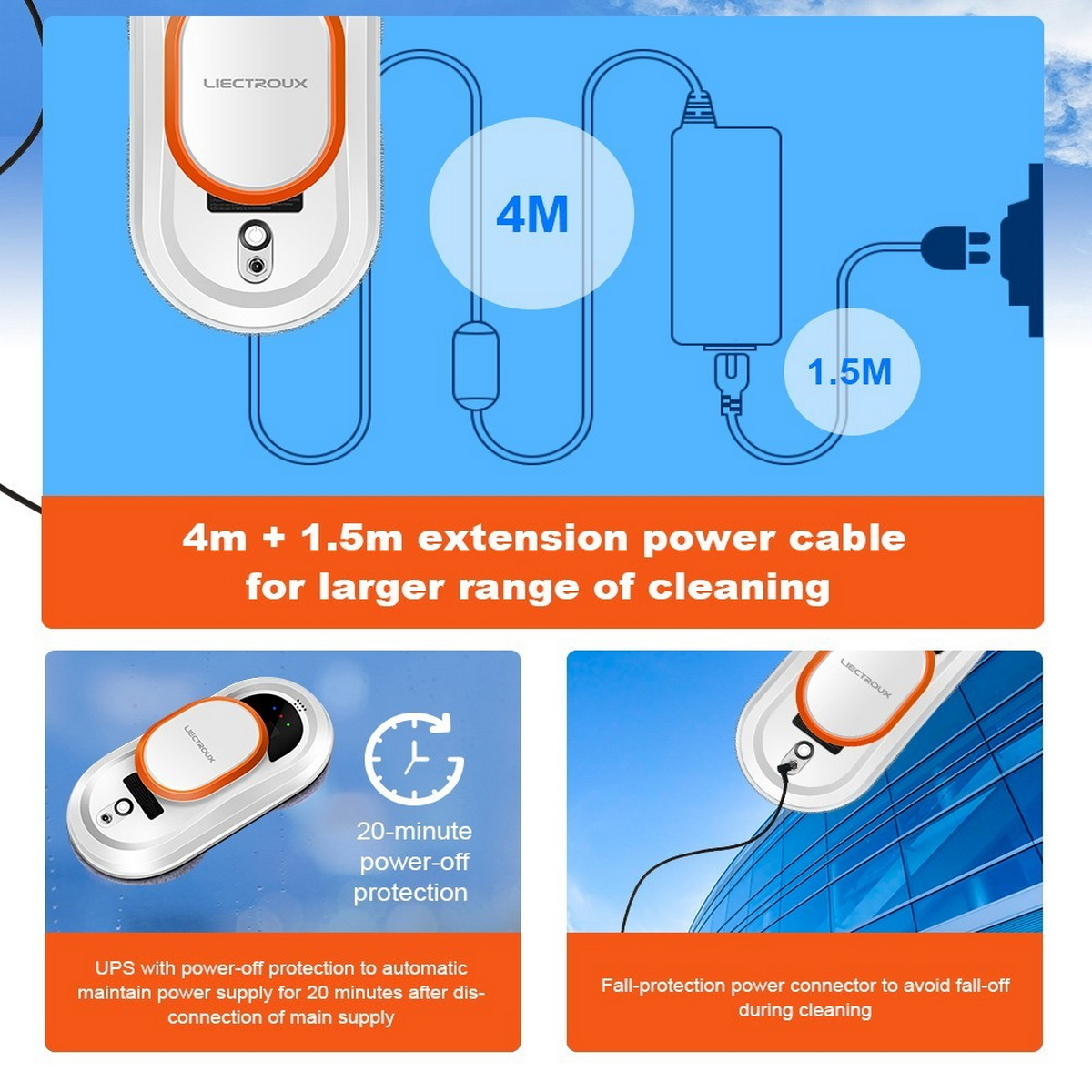 Robot czyszczący okna, kable zasilające 4m i 1,5m oraz instrukcje bezpieczeństwa.
