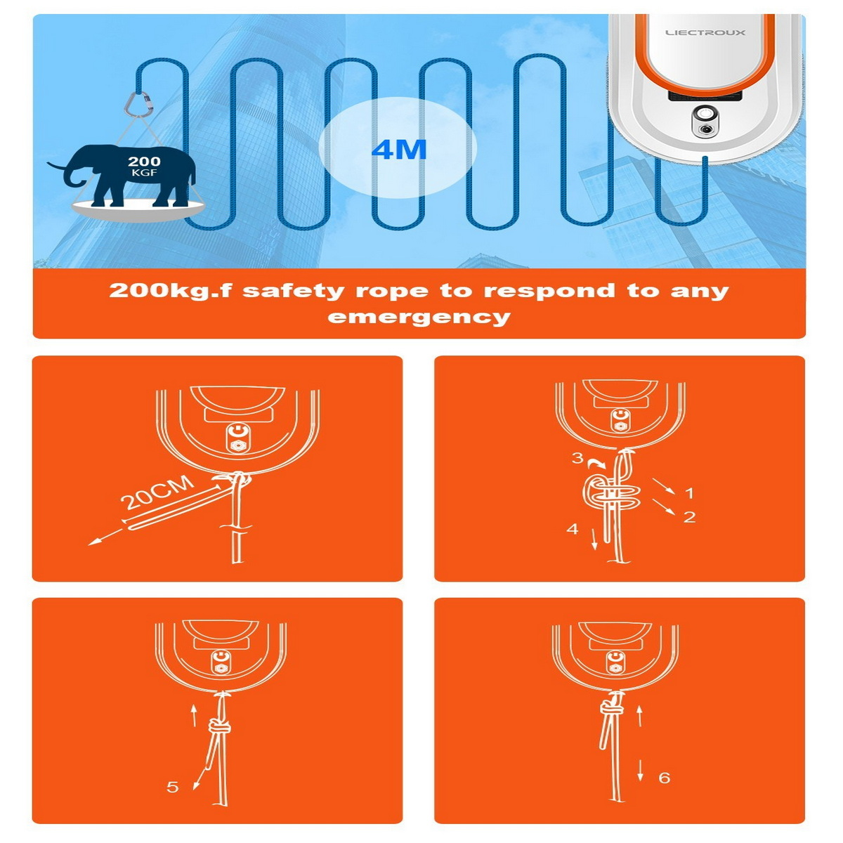 Schemat robota czyszczącego z liną bezpieczeństwa i instrukcją użytkowania.