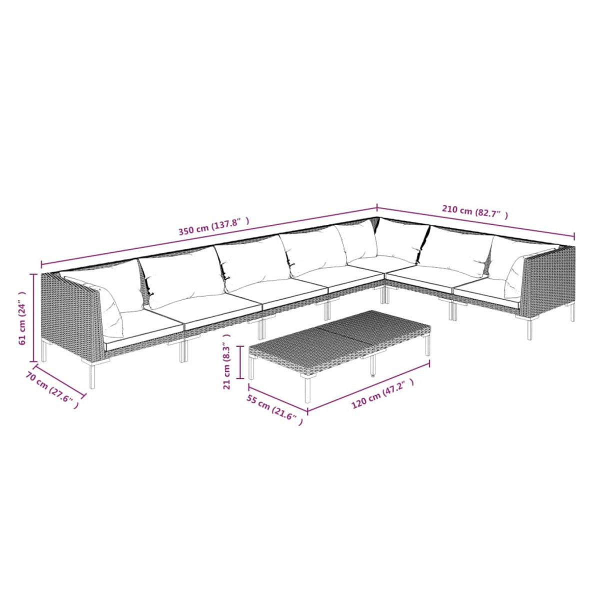 Großes Outdoor-Ecksofa mit Maßen auf weißem Hintergrund.
