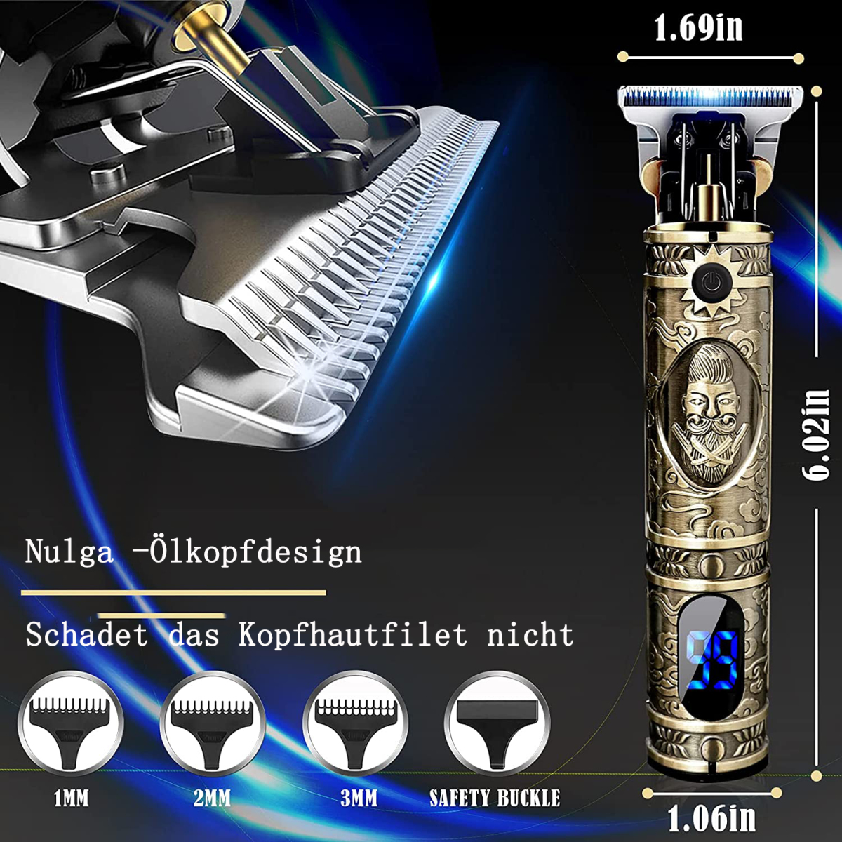 Ein gold-schwarzer Haarschneider mit Aufsätzen und Abmessungen.