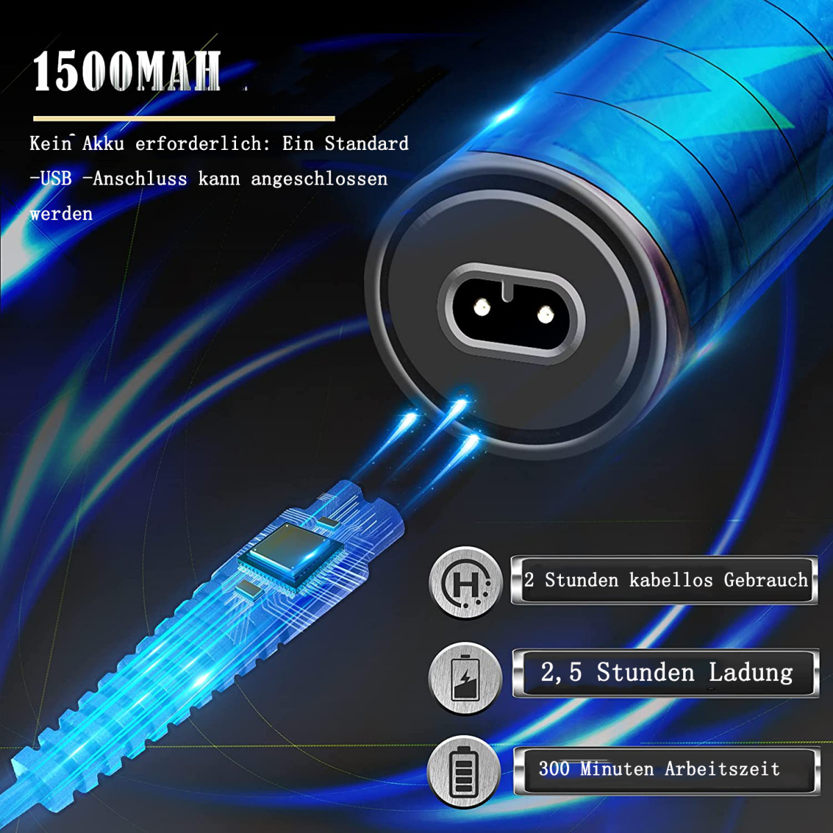 Blaues Ladegerät mit Text. Es zeigt 2 Stunden, 2,5 Stunden und 300 Minuten an.