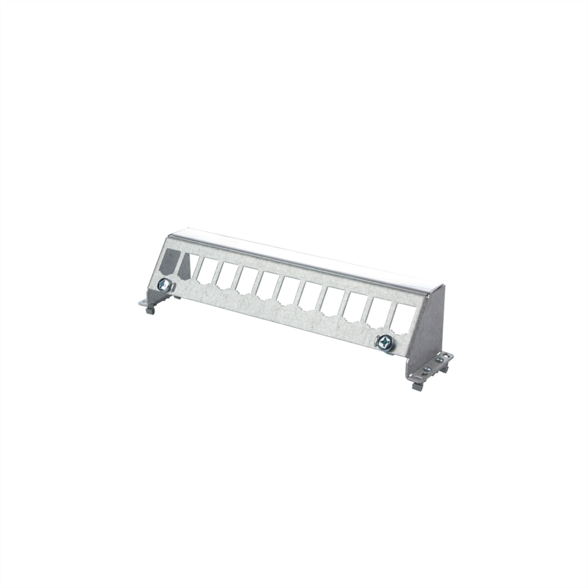 Metalen beugel met uitsparingen. Zilverkleur. Witte achtergrond.