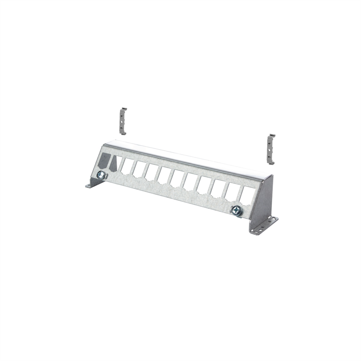 Un rack en métal argenté avec des fentes et des supports de montage. Il est sur un fond blanc.
