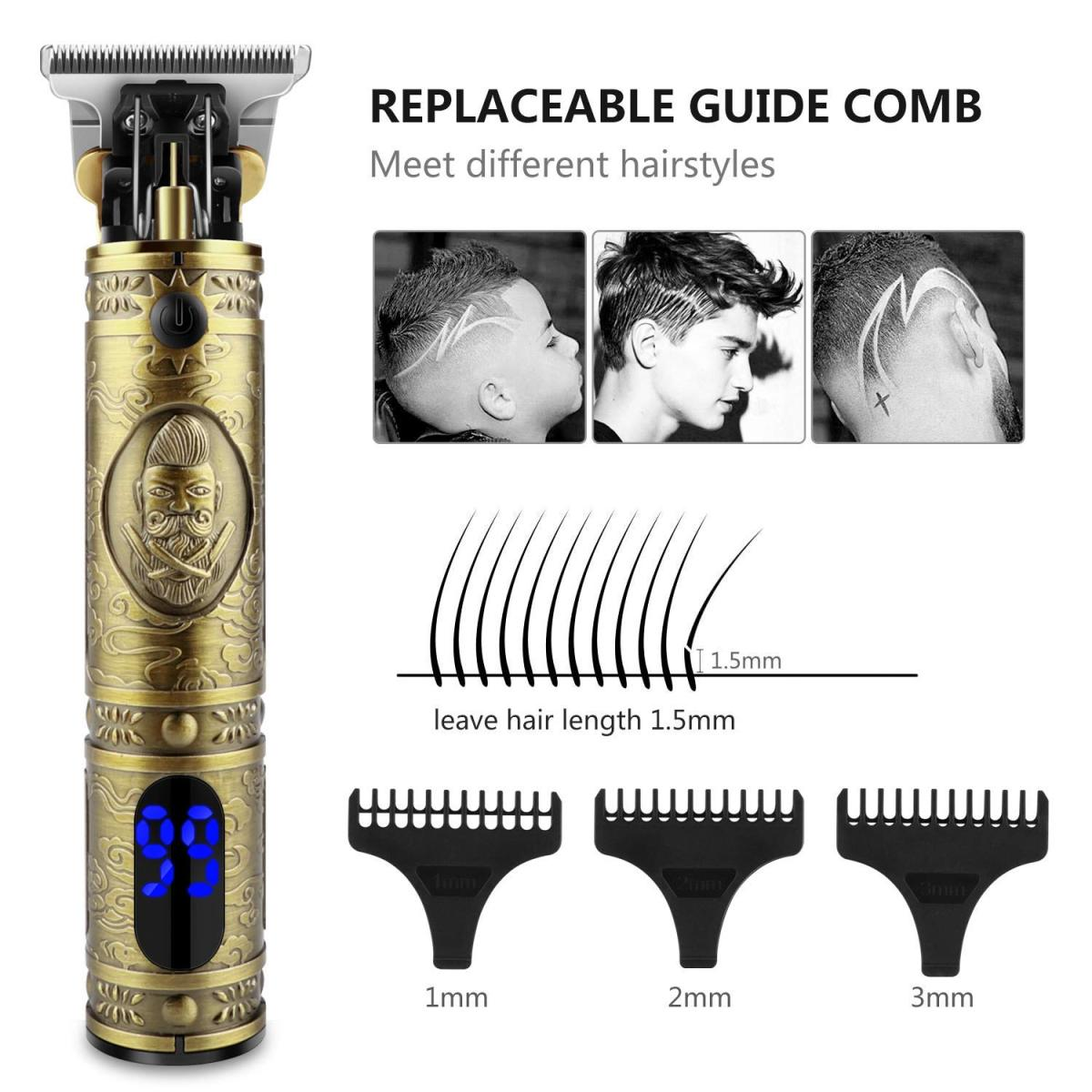 Ein gold-schwarzer Haarschneider mit Führungskämmen, Frisuren-Diagrammen und Haarlängenbeispielen.
