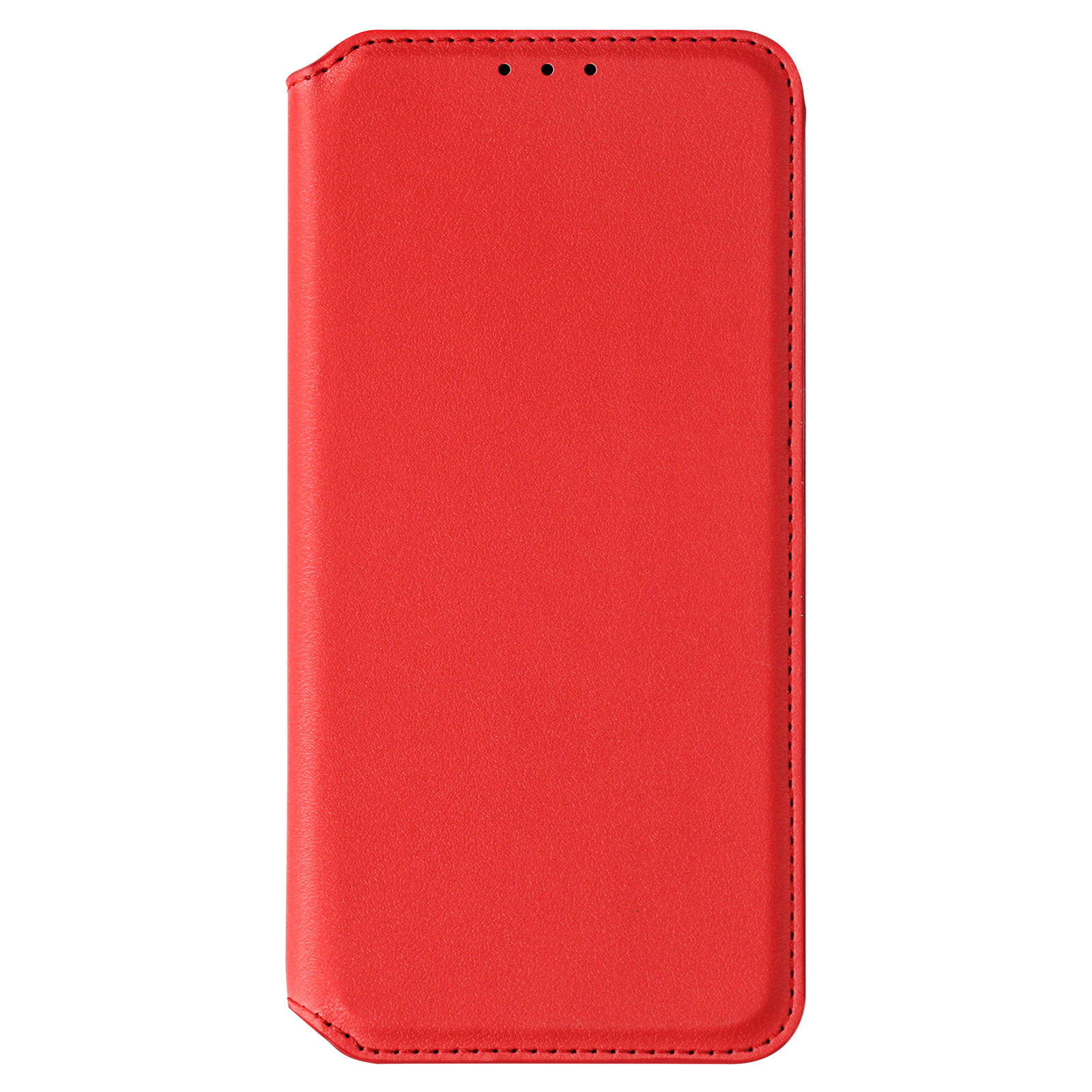 Custodia per telefono rossa chiusa, con tre piccoli fori in alto e una cucitura sul bordo.