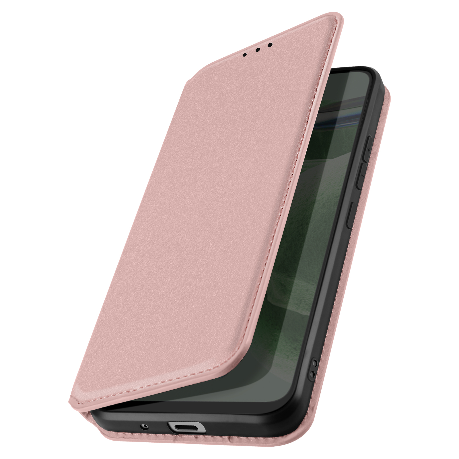 Custodia rosa per telefono aperta, mostra lo schermo del telefono. Interno nero, con telefono nero.