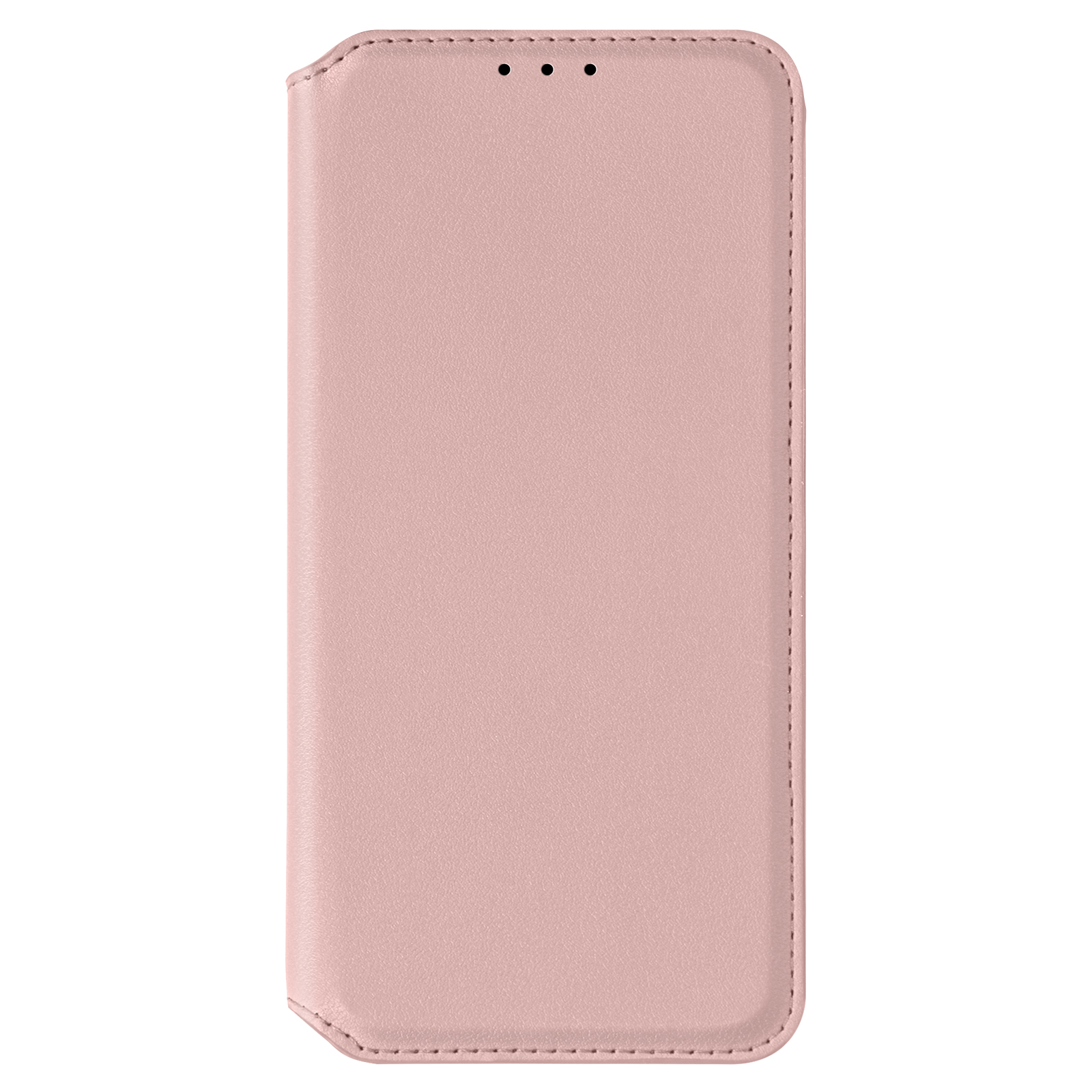 Custodia per telefono rosa pallido con tre piccoli fori per altoparlante nella parte superiore, con bordo cucito.