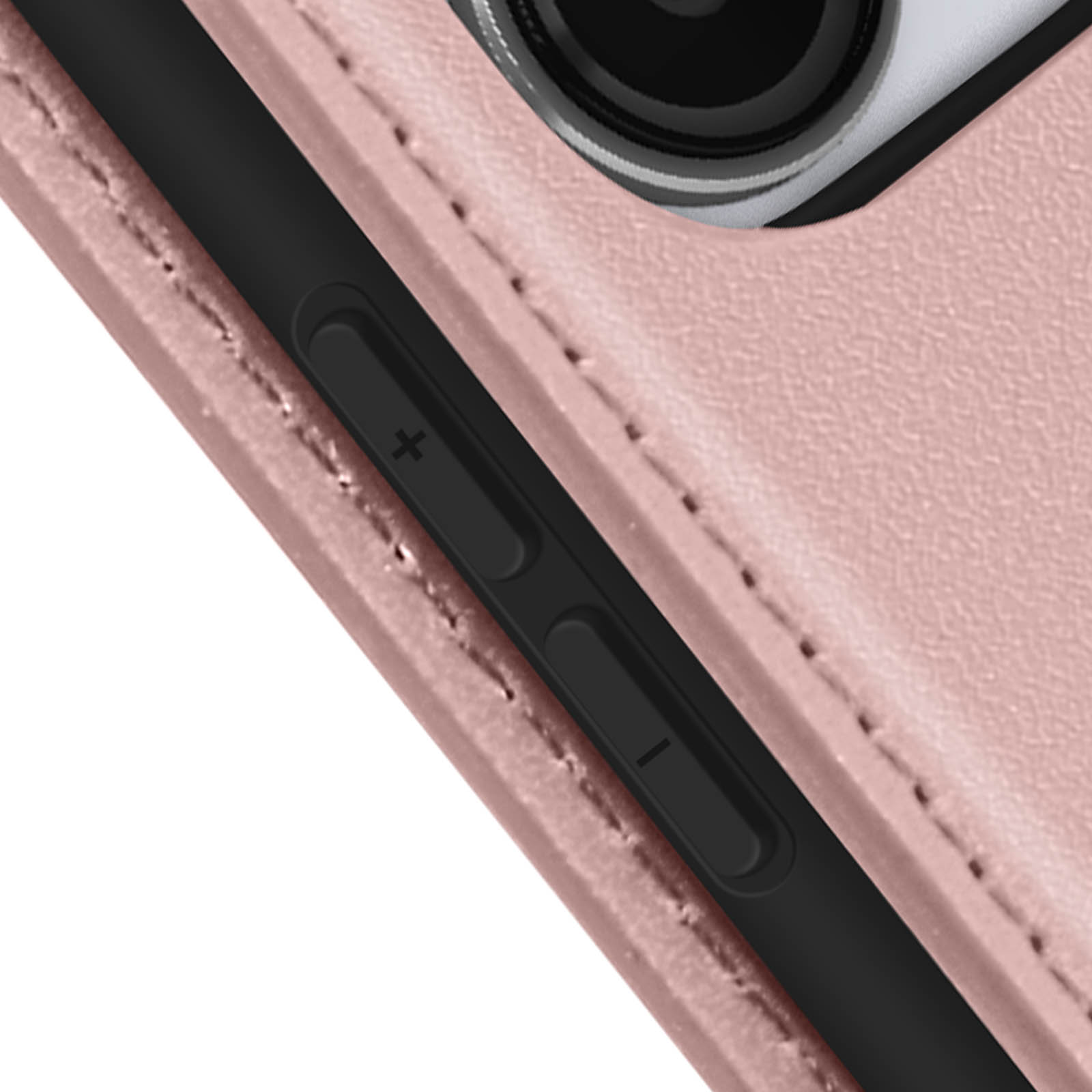 Un primo piano di uno smartphone con una custodia in pelle rosa. I pulsanti del volume sono sul lato.