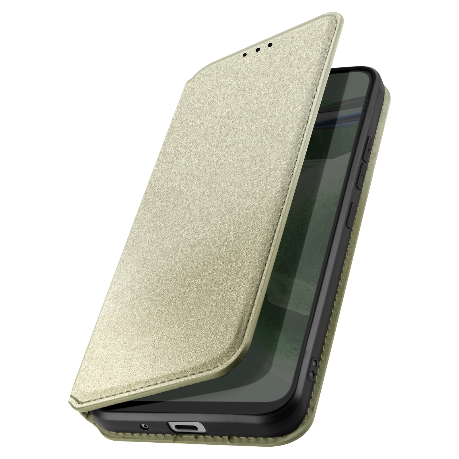 Custodia beige per telefono, aperta per mostrare il telefono. Ha un aspetto strutturato simile alla pelle.