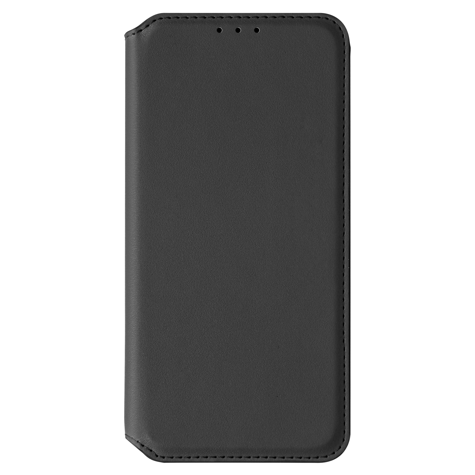 Funda de teléfono negra con tres pequeños orificios para altavoz en la parte superior y un borde cosido.