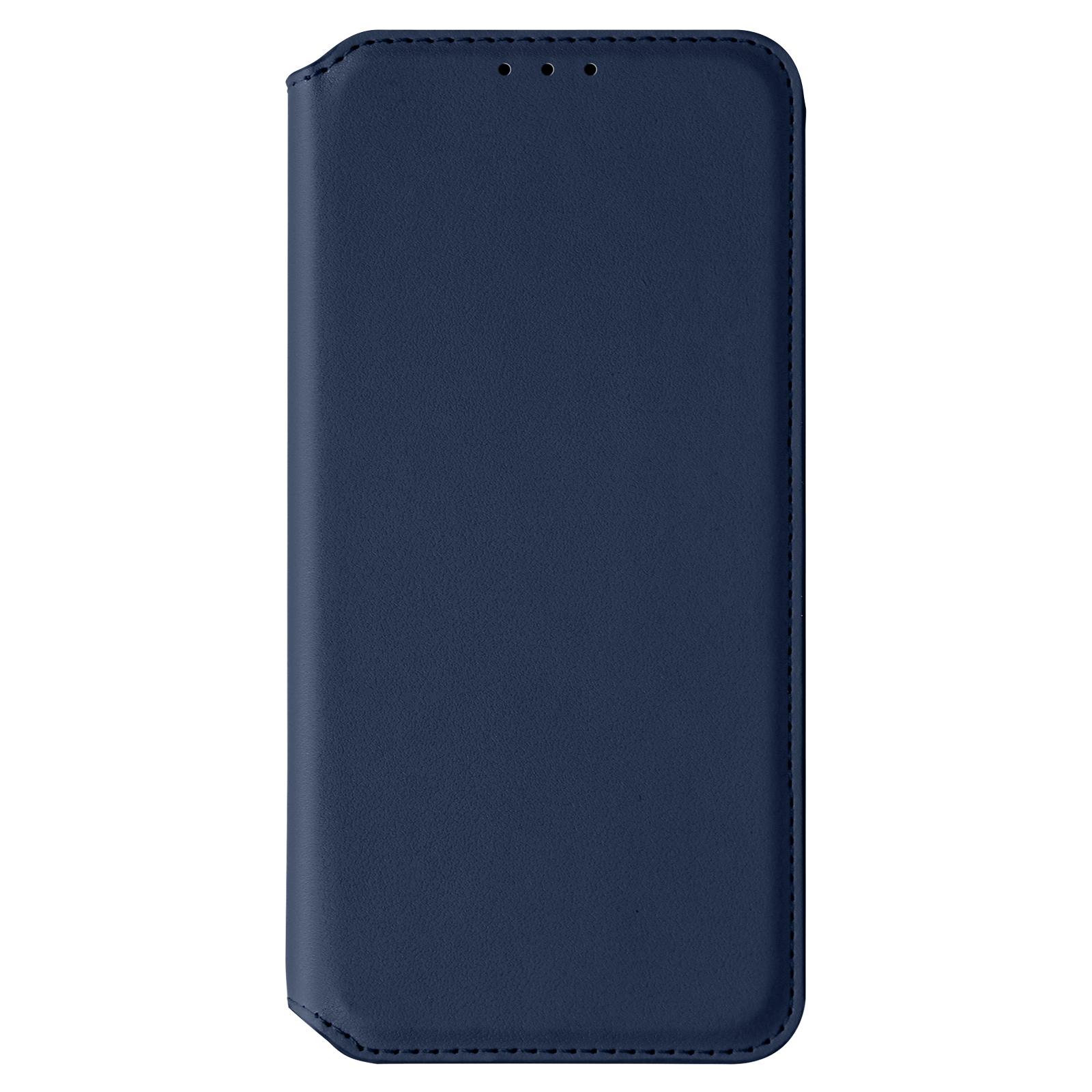 Una custodia per telefono blu scuro in un primo piano. Ha tre fori per la fotocamera e un bordo cucito.