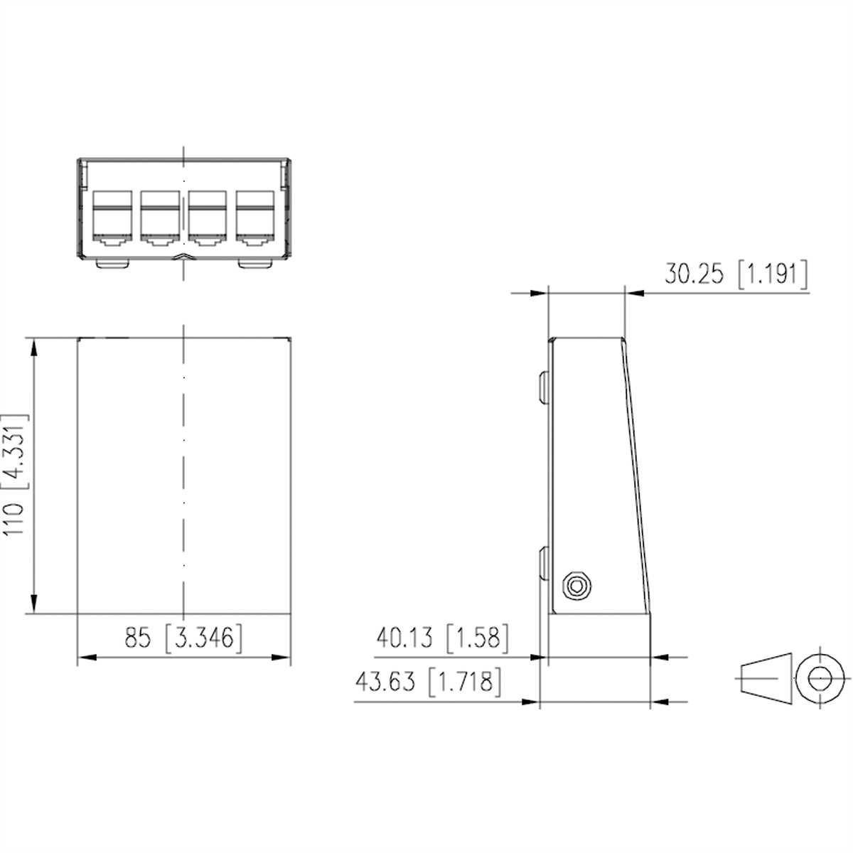 Dessin technique d'un appareil, montrant les dimensions et divers angles de vue.
