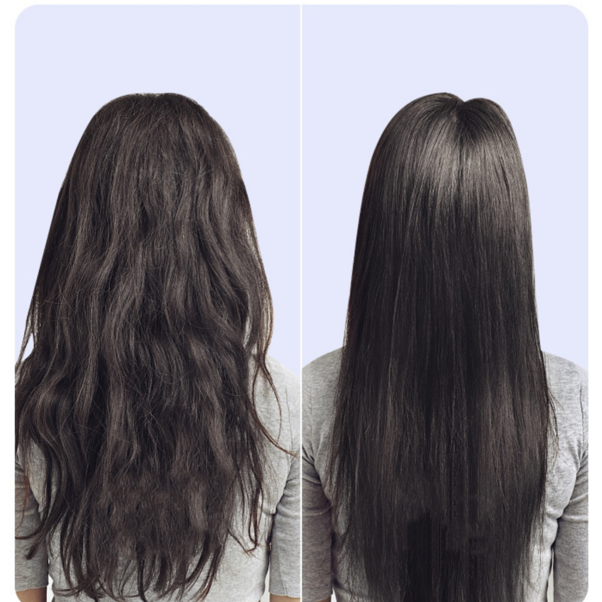 Zwei Frauen mit langem, dunklem Haar. Eine hat unordentliches Haar, die andere hat glattes, glänzendes Haar.