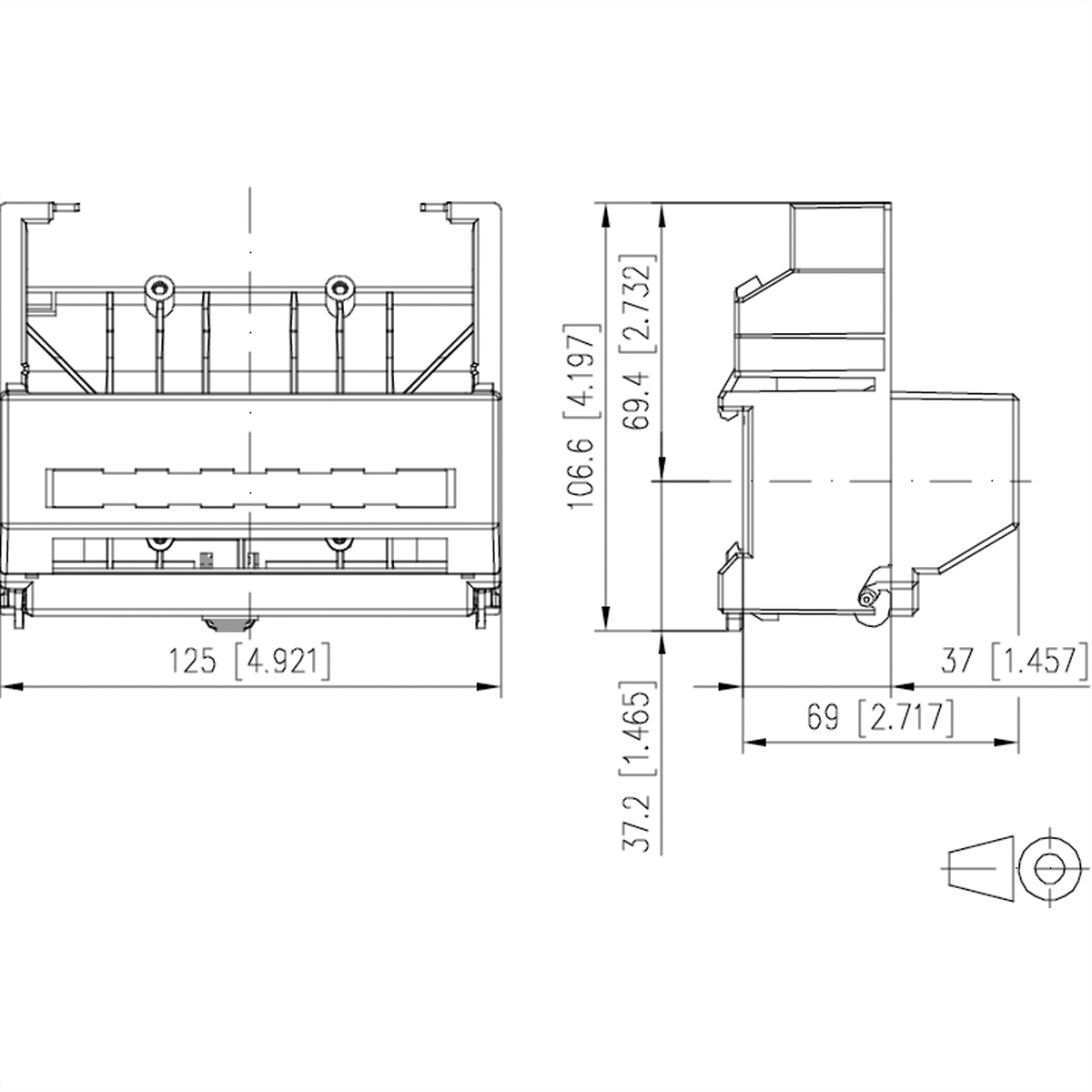 Dessin technique d'un appareil. Vues de dessus et de côté. Informations dimensionnelles incluses. Fond blanc.