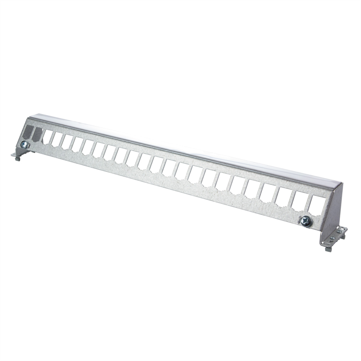 Un rack métallique avec de nombreuses fentes, sur fond blanc, pour composants électroniques.