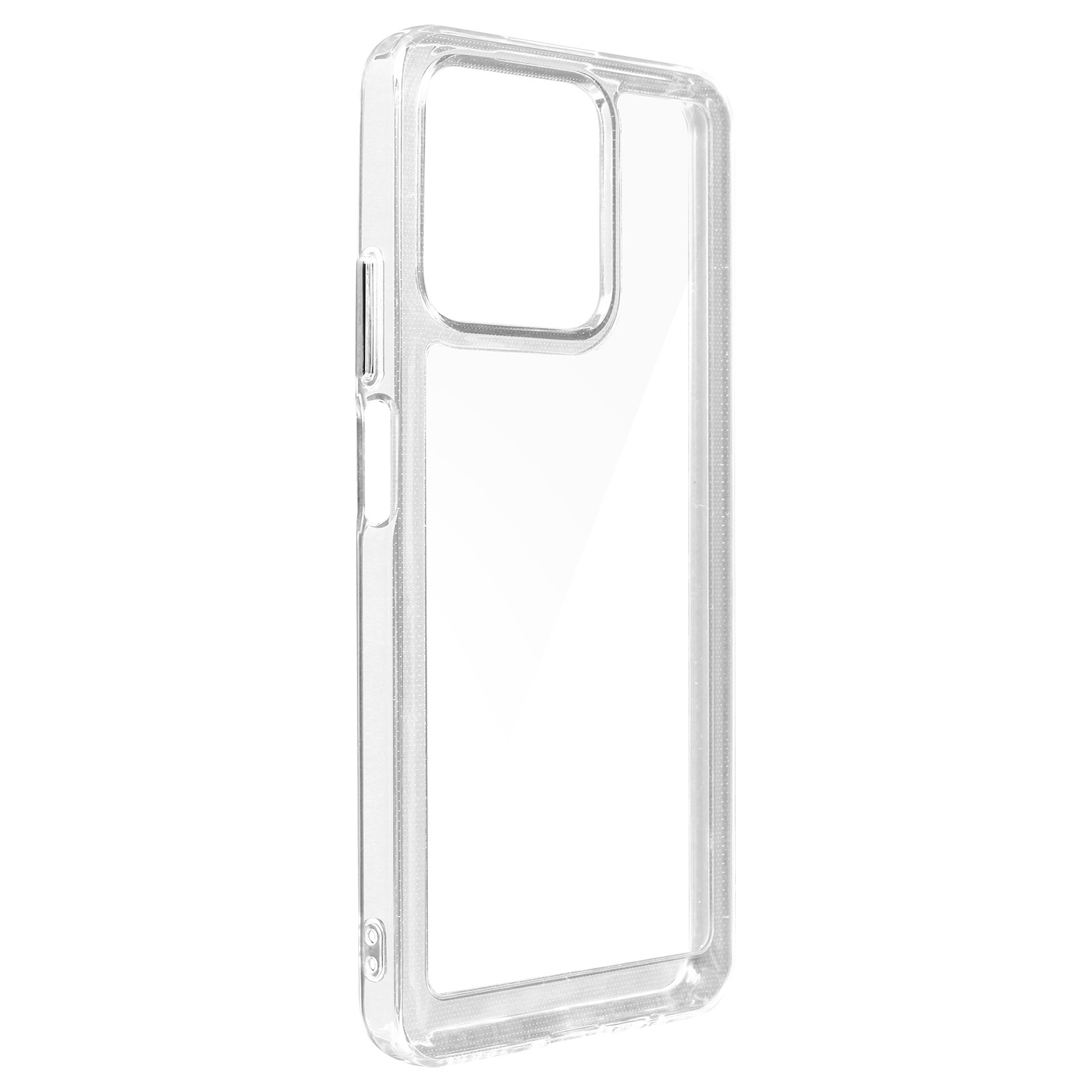 Custodia trasparente per telefono. Visibile l'intaglio della fotocamera. In plastica trasparente.