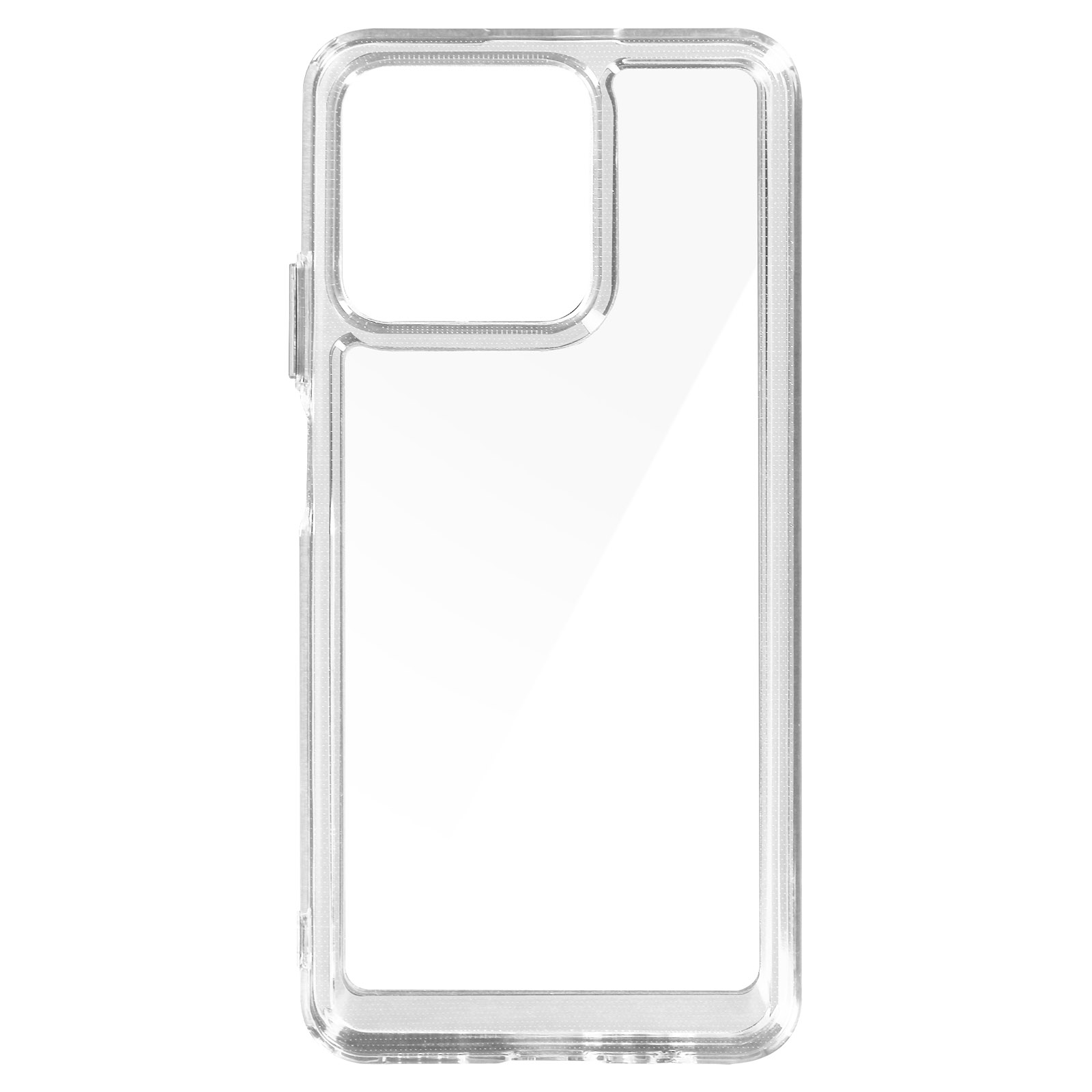 Custodia trasparente per telefono. Trasparente con fori per fotocamera e pulsanti. Sfondo bianco.