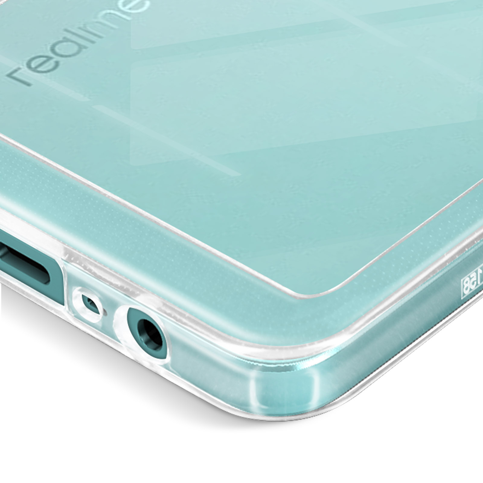 Primo piano di una custodia trasparente per telefono. La custodia ha una cornice verde acqua.
