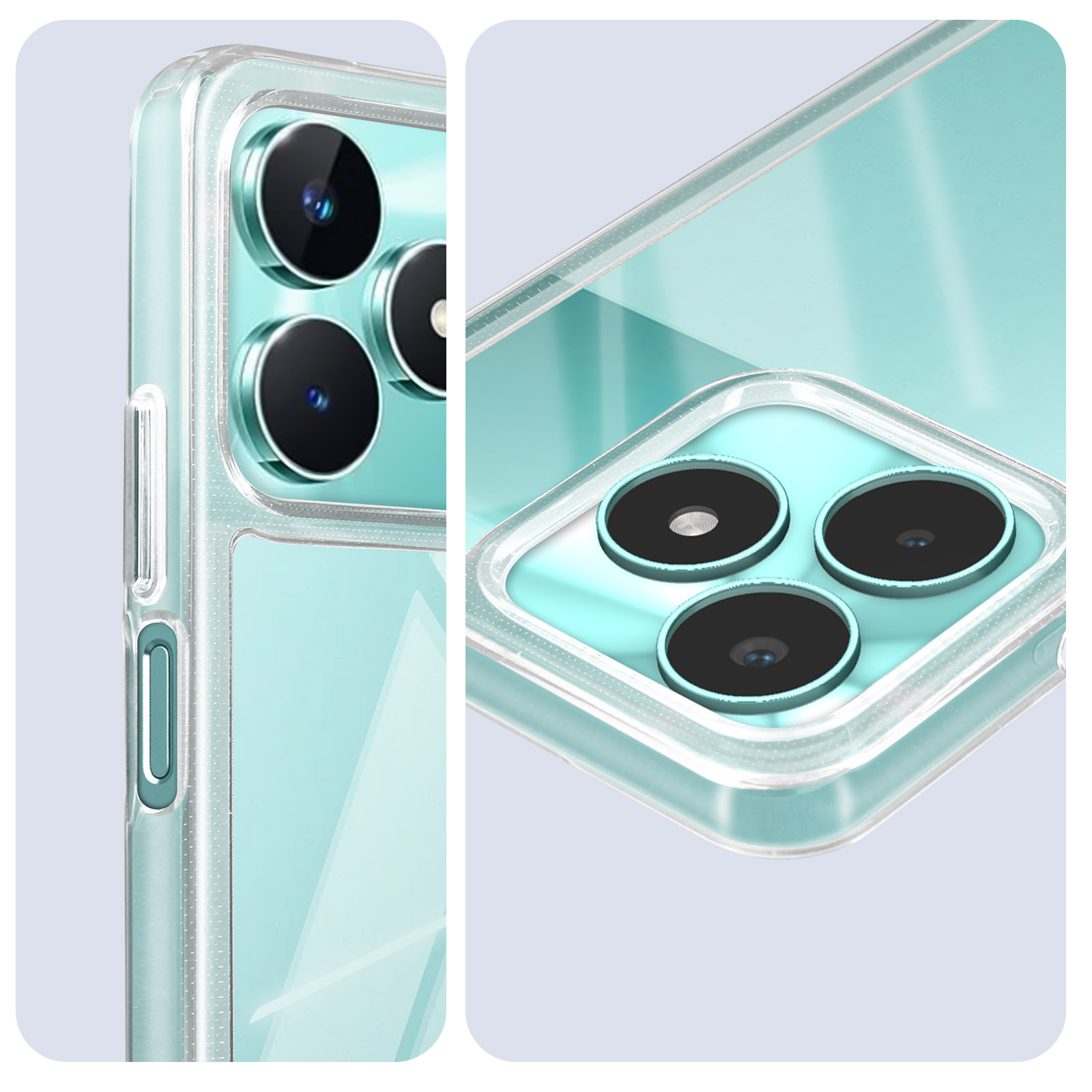 Primo piano di una custodia per telefono che mostra le lenti della fotocamera e il design trasparente della custodia.