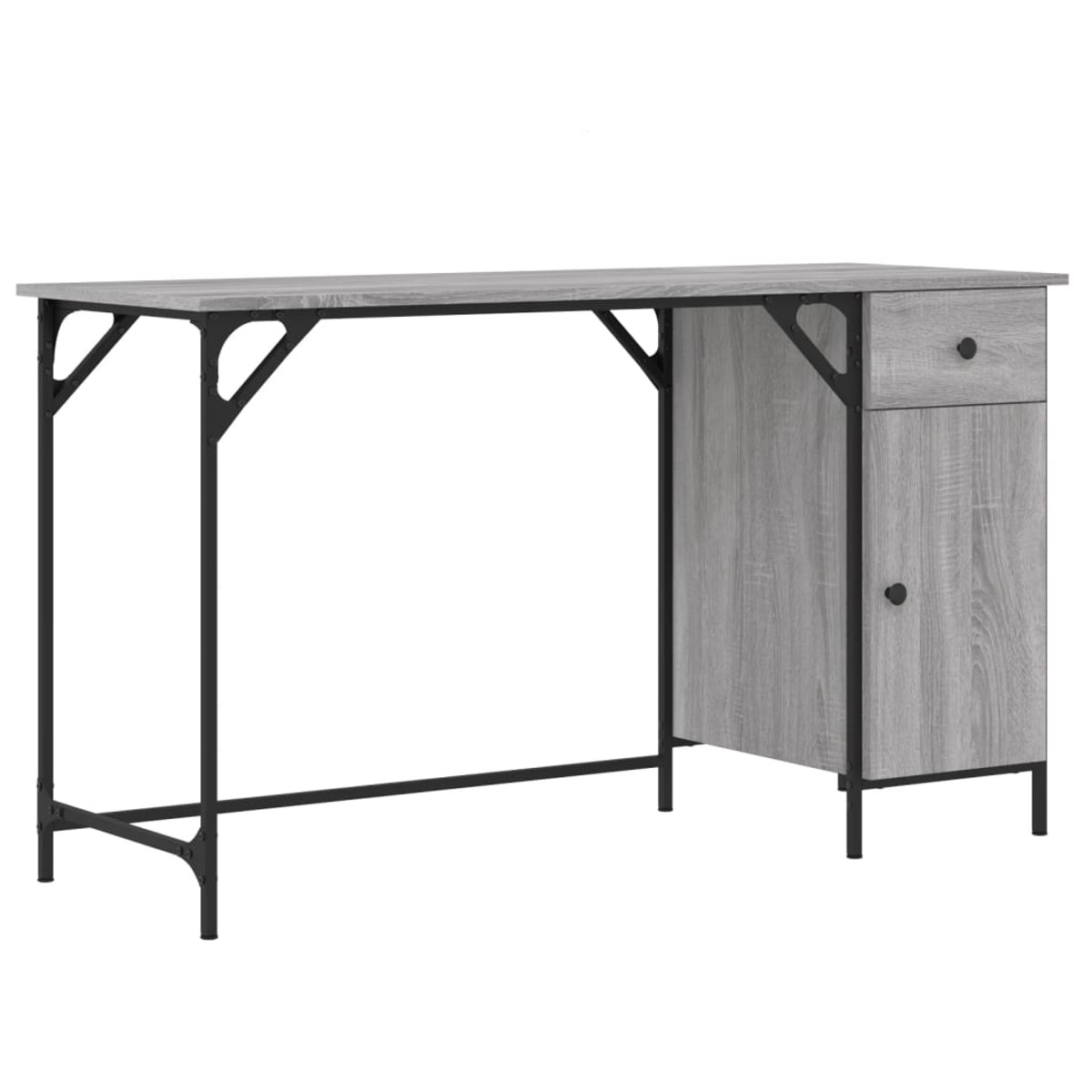 Grauer Schreibtisch mit schwarzen Beinen. Er hat eine Schublade rechts und einen Schrank, auf weißem Hintergrund.