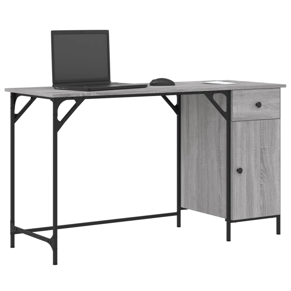 Ein grauer Schreibtisch mit Laptop, Maus und Schrank vor weißem Hintergrund.