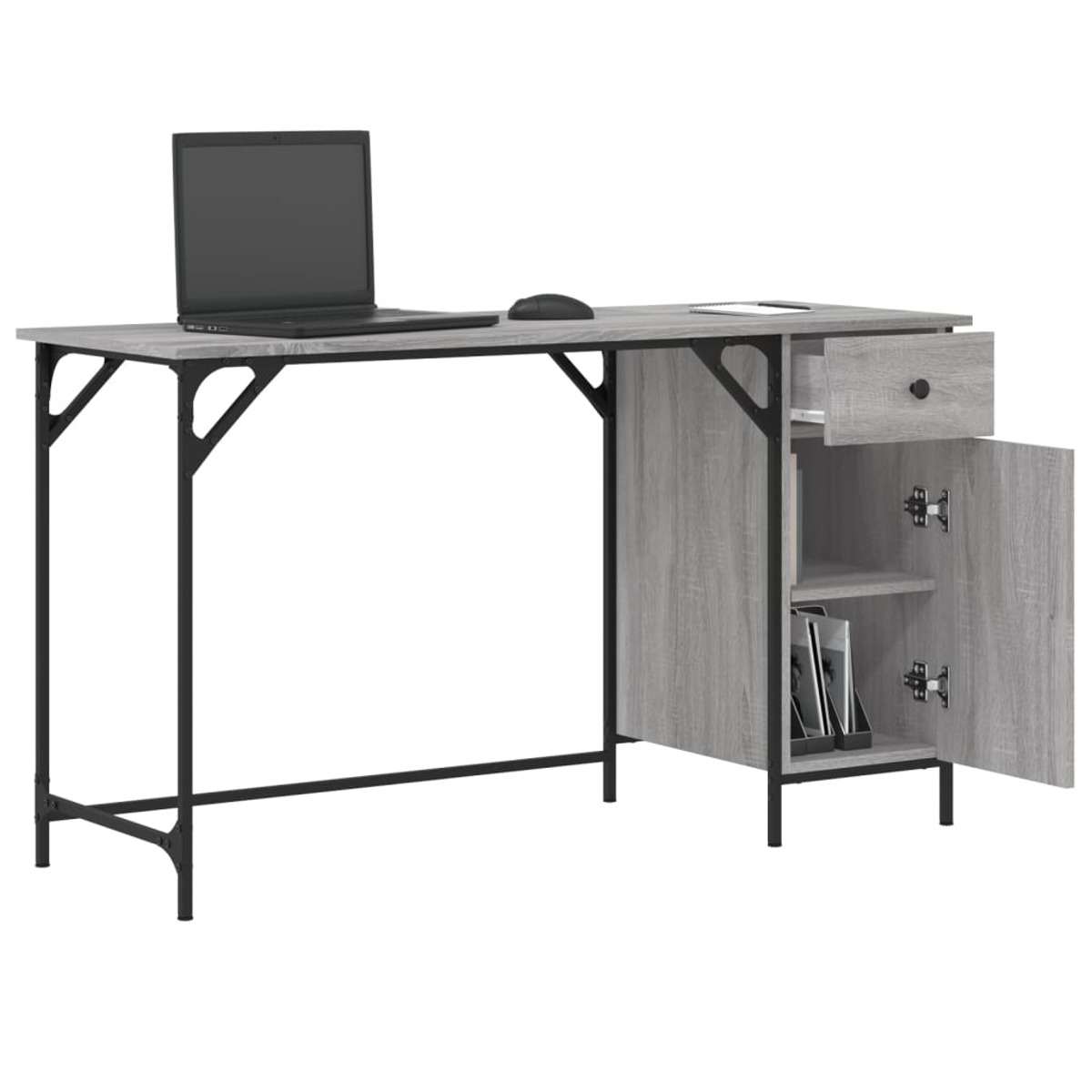 Ein grauer Computertisch mit einem Laptop, einer Maus und einem offenen Schrank. Der Schreibtisch ist schwarz.