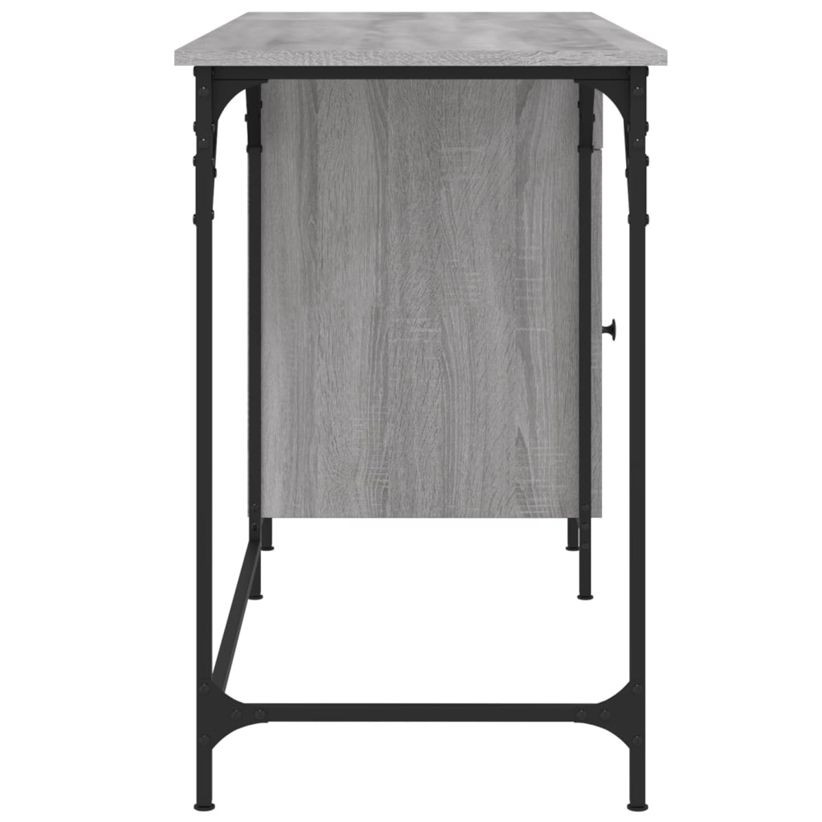 Seitenansicht eines grau-bedeckten Schreibtisches mit schwarzen Metallbeinen. Der Schreibtisch hat einen Schrank mit Tür.