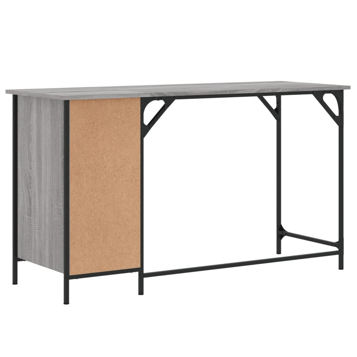 Ein grauer Schreibtisch mit schwarzem Metallrahmen und einer braunen Holzseitenwand auf weißem Hintergrund.