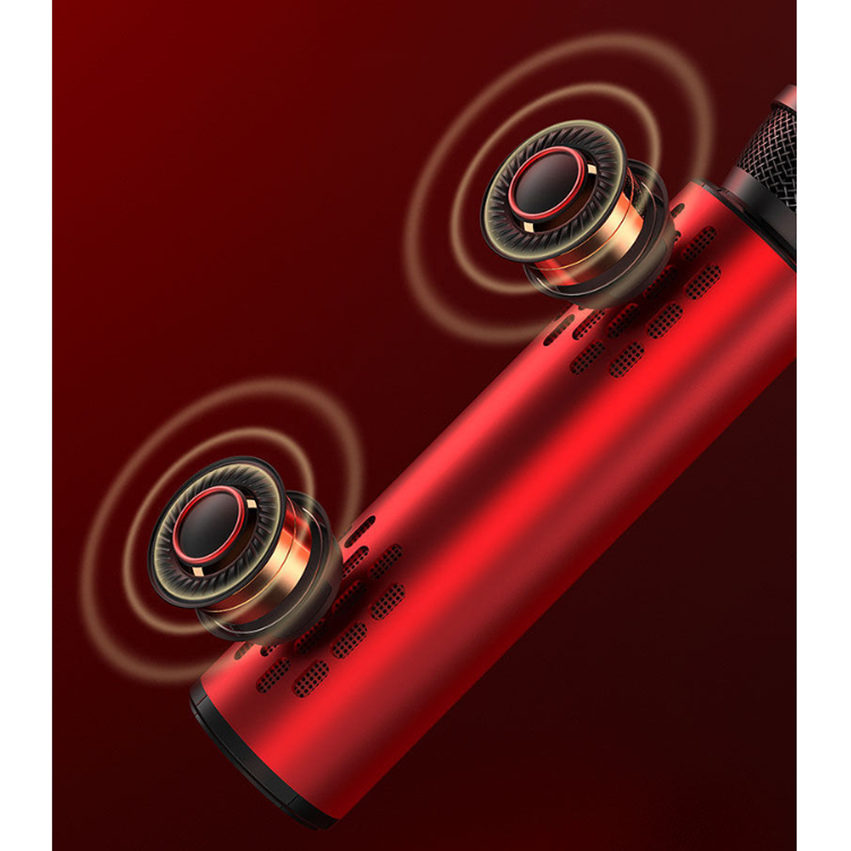 Rotes Mikrofon mit zwei Lautsprechern in Bewegung. Roter Hintergrund. Schallwellen kommen aus den Lautsprechern.