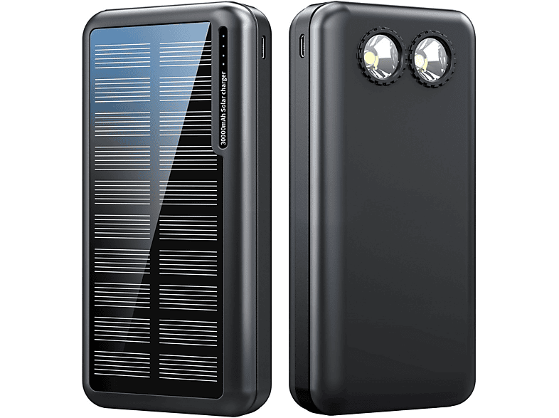 SYNTEK Mobile Stromversorgung 30000 mAh: Solar, Taschenlampenfunktion, Sicherheitsschutz Powerbank 30000mAh Schwarz